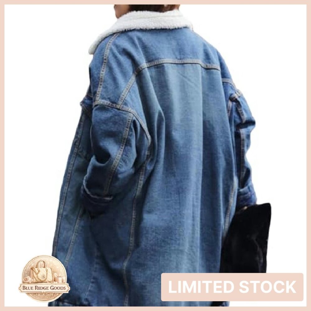 Long Sherpa Fleece Lined Denim Jacket Oversized Trucker Coat Vintage Style - Picture 5 of 7